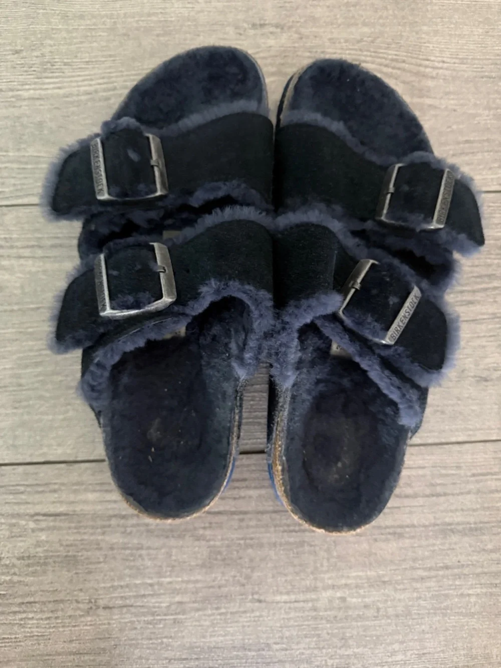 Womens Birkenstock Arizona Sherling & Big Buckle Lot 37 6.5 7 Black & Navy - Picture 6 of 7
